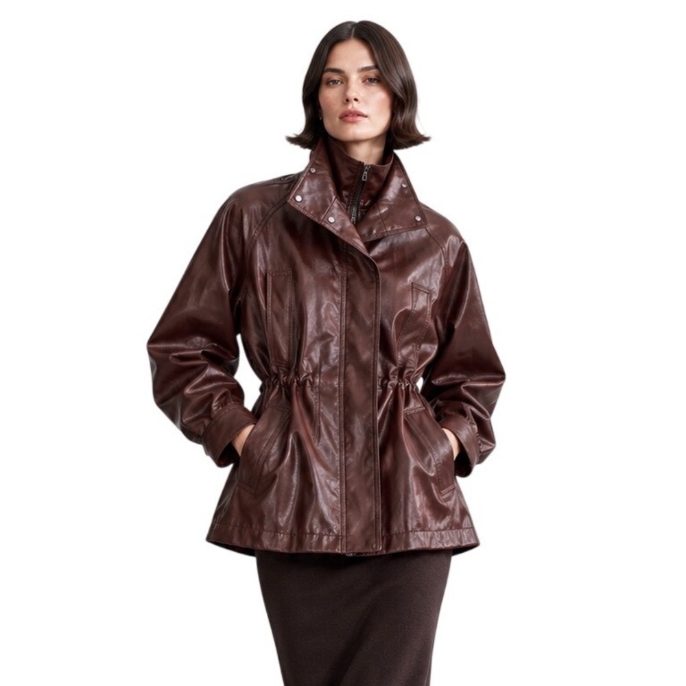Zara Brown Faux Leather Utility Jacket S High Collar Cinch Waist Fall Moto